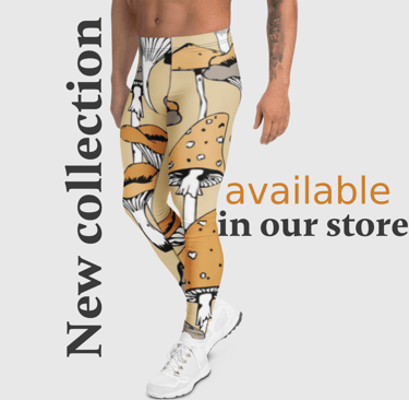 Mens Leggings in peaceful earth tones with large mushrooms all over.