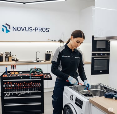 A female Novus-Pros technician in a gray and black uniform is repairing a washing machine
