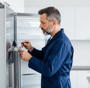 A male appliance technician with a beard, wearing a blue uniform, intently repairs the fridge
