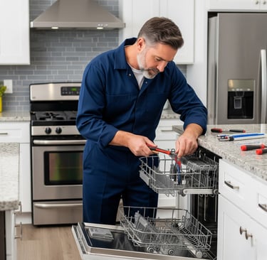 A male appliance technician in a blue uniform is intently repairing an open dishwasher with a tool i
