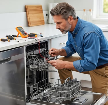 a man in a blue shirt is fixing a dishwasher