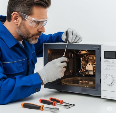 A male technician in a blue uniform, intently uses a screwdriver to repair the microwave