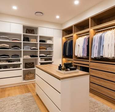 Luxury custom walk-in wardrobe Brisbane white and timber shelving