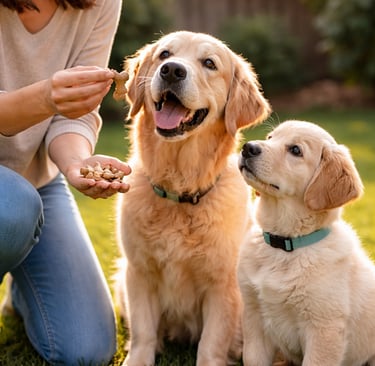 Dog and Puppy eating snacks.