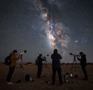 Astronomers use telescopes to observe the vibrant Milky Way galaxy in a dark night sky.