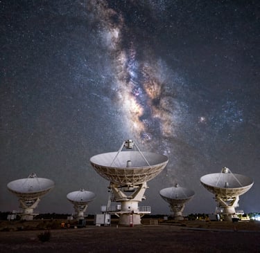 Large radio telescope antennas pointed at the vibrant Milky Way galaxy in a starry night sky.