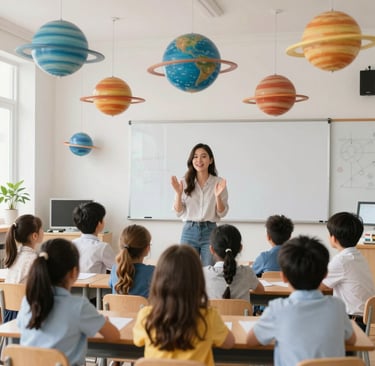 A teacher leads an elementary science class lesson on astronomy with hanging planet models.