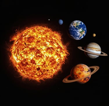 A glowing sun surrounded by planets including Earth and Saturn in a dark solar system galaxy.