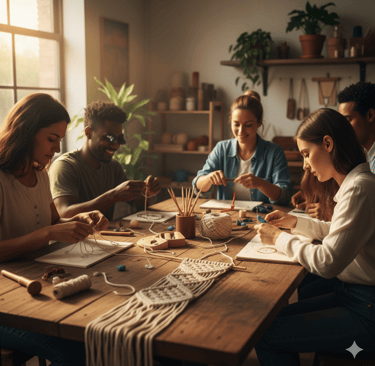 Grupo diverso de personas en un taller de macramé elaborando tapices artesanales y anudando cuerdas