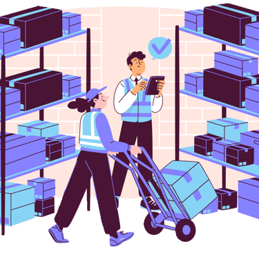 a man and woman in a warehouse with boxes and boxes