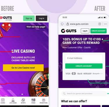 Guts mobile hero before/after—generic live-casino screen vs welcome offer with email sign-up