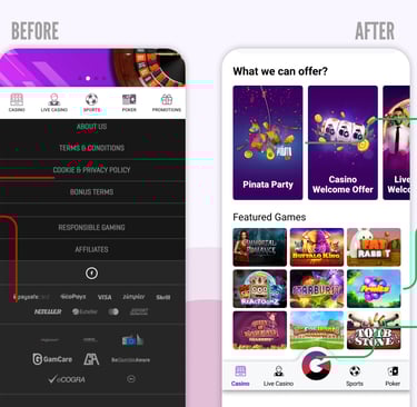 Guts mobile home before/after—footer list and buried payments vs offer cards, featured games