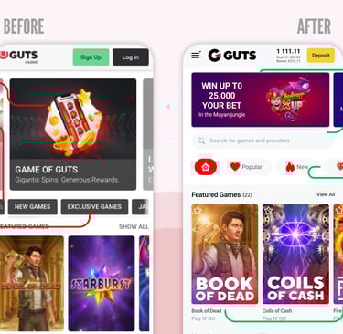 Guts mobile home before/after—smaller banner, big search, icon filters, custom featured game art