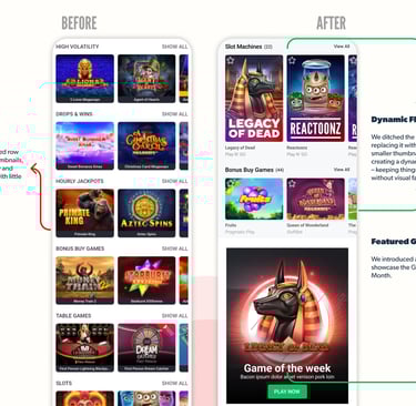 Guts casino list before/after—blocky rows replaced by mixed thumbnail sizes and a featured game
