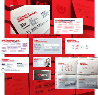 Guts research collage—demographics, survey insights, site observations, personas, TOV & branding