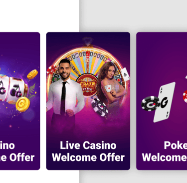 Offer cards—Pinata Party; Casino, Live Casino, and Poker welcome offers; Great prizes