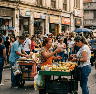 Comerciantes y ciudadanos reales en la calle, en un mercado bullicioso de Medellín.