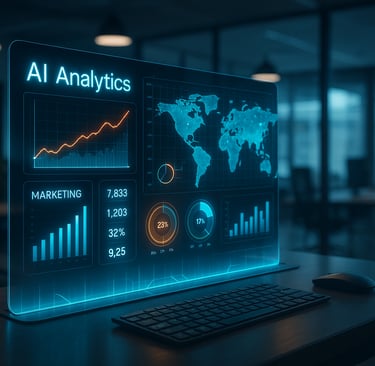 Futuristic digital dashboard displaying AI analytics, global marketing data, and technology performa
