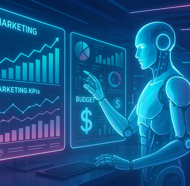 AI robot analyzing marketing KPIs and budget data on digital dashboards, symbolizing how artificial