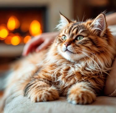 a cat is laying on a couch with a person's hand on the couch
