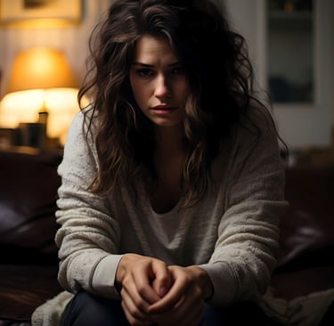 a woman sitting on a couch in a living room