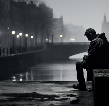 a lonely man sitting on a bench in a city