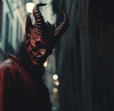 a man in a red devil mask and a devilish face