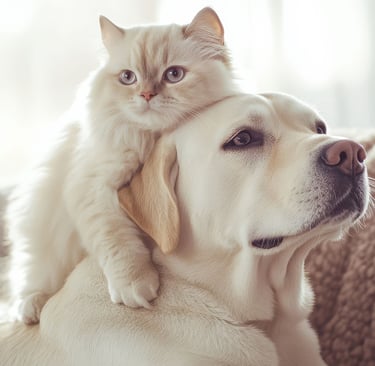 a cat sitting on top of a dog on a couch