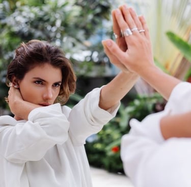 a woman in a white shirt saying no