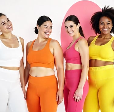 a group of women in colorful clothing standing in front of a wall