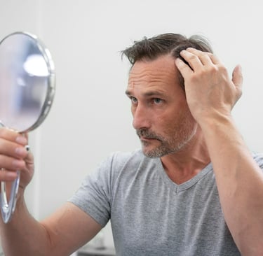 a man with a, holding a mirror and looking at his hair