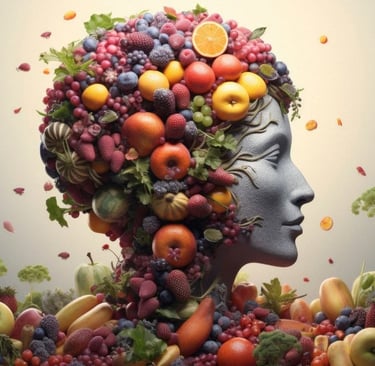 a woman with a large head of fruit and vegetables