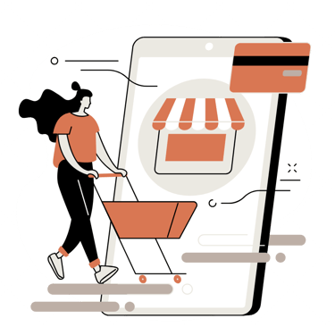 a woman walking down a street with a shopping carton