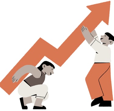 a man is holding a large arrow pointing up to a downward arrow