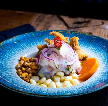 a plate of seafood in ceviche restaurant in Lisbon, Portugal