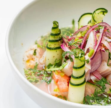 A plate of Peruvian ceviche in a restaurant in Lisbon, Portugal