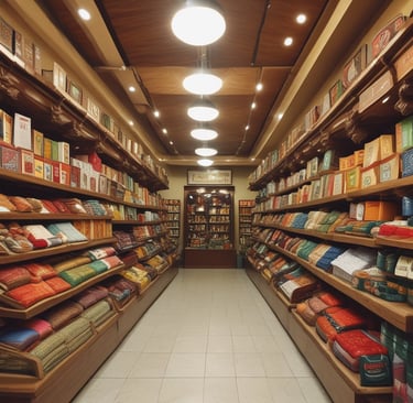 A street scene featuring a traditional medicine shop with red signage and a display of various products in the window. A person wearing a patterned shirt and a face mask stands outside, holding a walking stick. The storefront has blue awnings and a variety of colorful items visible through the glass.