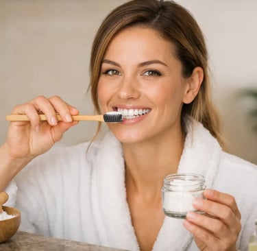 A smiling woman in a white bathrobe uses a bamboo toothbrush and natural tooth powder for dental care.