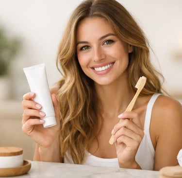 Mujer sonriente sosteniendo un cepillo de dientes de bambú y un tubo de pasta de dientes