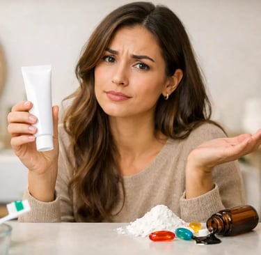 Una mujer confundida sostiene un tubo de crema blanca junto a pastillas derramadas y cepillos de die