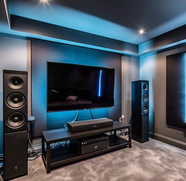 A picture showing a smart tv mounted on the wall with a modern surrounding sound system installed