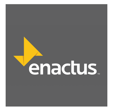 Official Enactus logo featuring white typography and a yellow origami bird on a dark gray background.