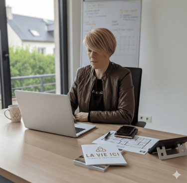 Betty Papail travaillant sur une estimation immobilière Pluneret pour La Vie Ici