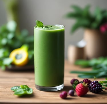 A clear glass jar filled with a brown smoothie and a straw is placed next to a bottle labeled 'Ningxia Red' and a small bottle of essential oil. The background features green potted plants, adding a fresh and natural aesthetic.