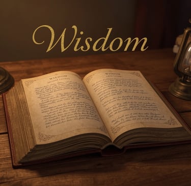 An open vintage book on a wooden desk with candles and the gold text Wisdom.