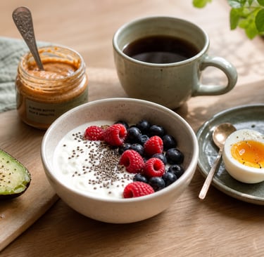 Warm breakfast flat-lay — Greek yogurt with berries, avocado, soft-boiled eggs, almond butter, sage.