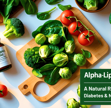 Alpha-lipoic acid supplement surrounded by spinach and veggies for diabetes health.