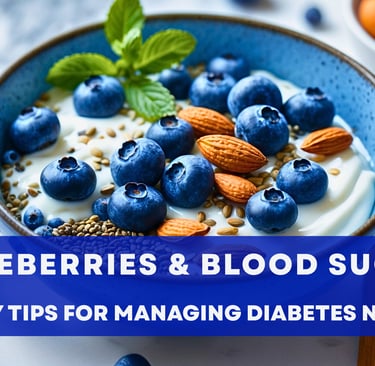 A bowl of blueberries with yogurt, almonds, and chia seeds on a white countertop.
