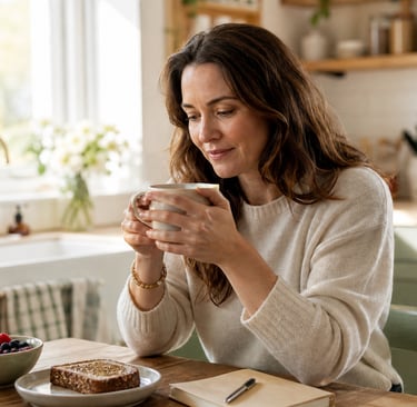 A warm, natural lifestyle photo of a woman sitting at a kitchen table with a mug of tea.