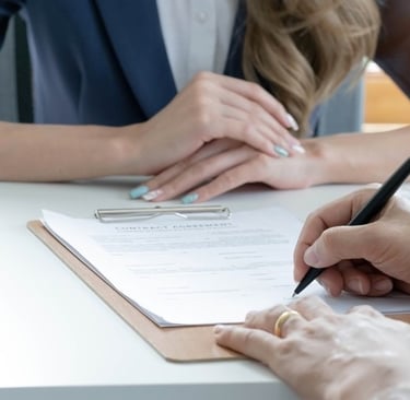 Kvinnliga och manliga händer signererar dokument symboliserar avtal för företagslån